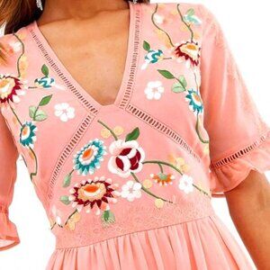 NEW! Modern ASOS Floral Embroidered Print Lace Farm Rio V-neck Mini Pink Dress M
